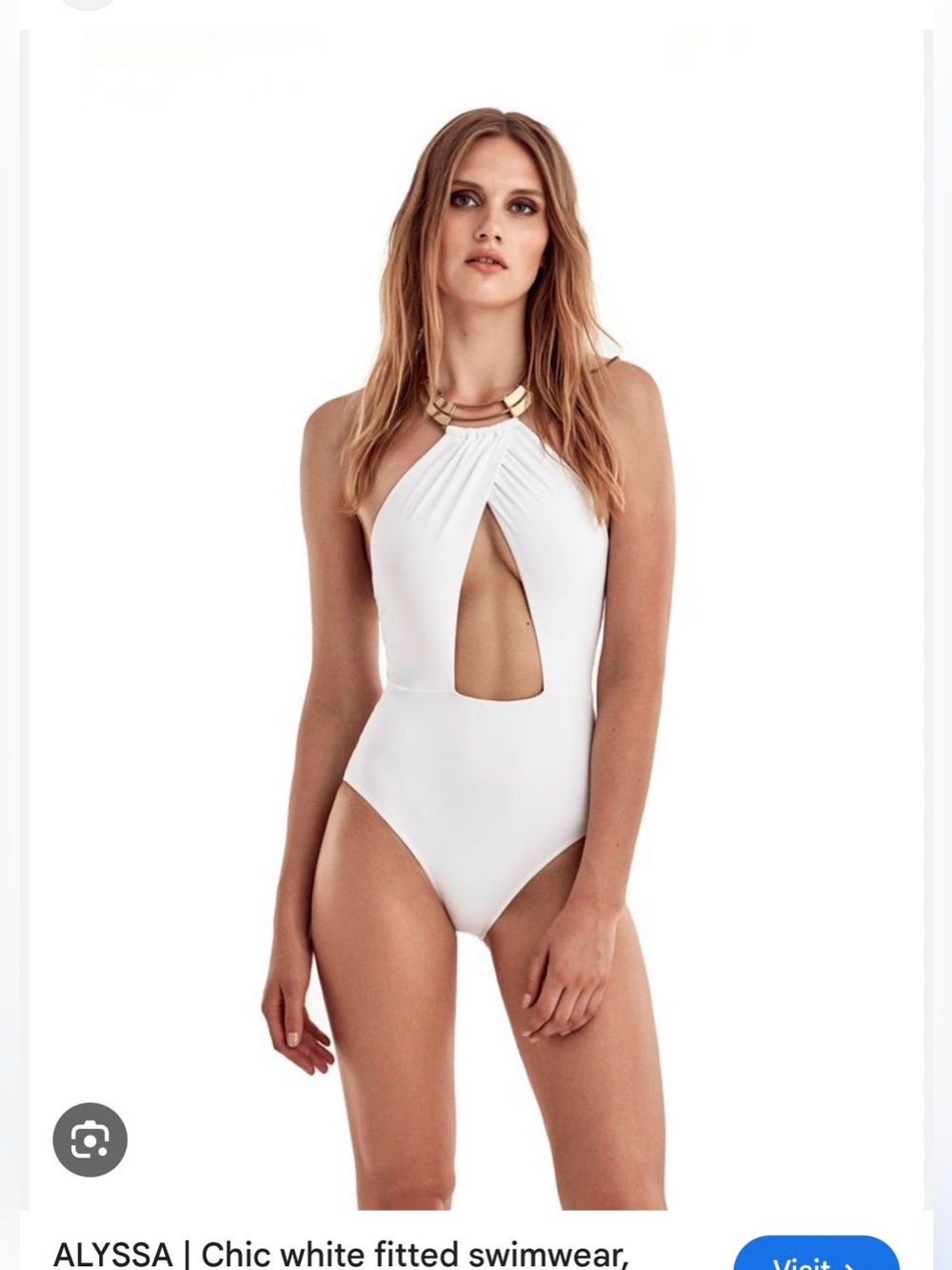 MOEVA Alyssa White Halter One-Piece Swimsuit with Gold Neck Accents, Size M
